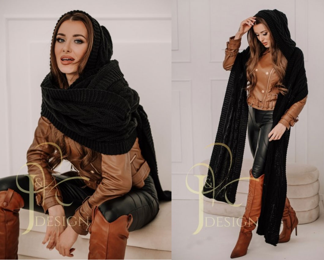 Fashionweek Pletená exkluzívna čepice ala kapuce se šálou 2v1 CLEO Farba: Čierna, Veľkosť: Universal