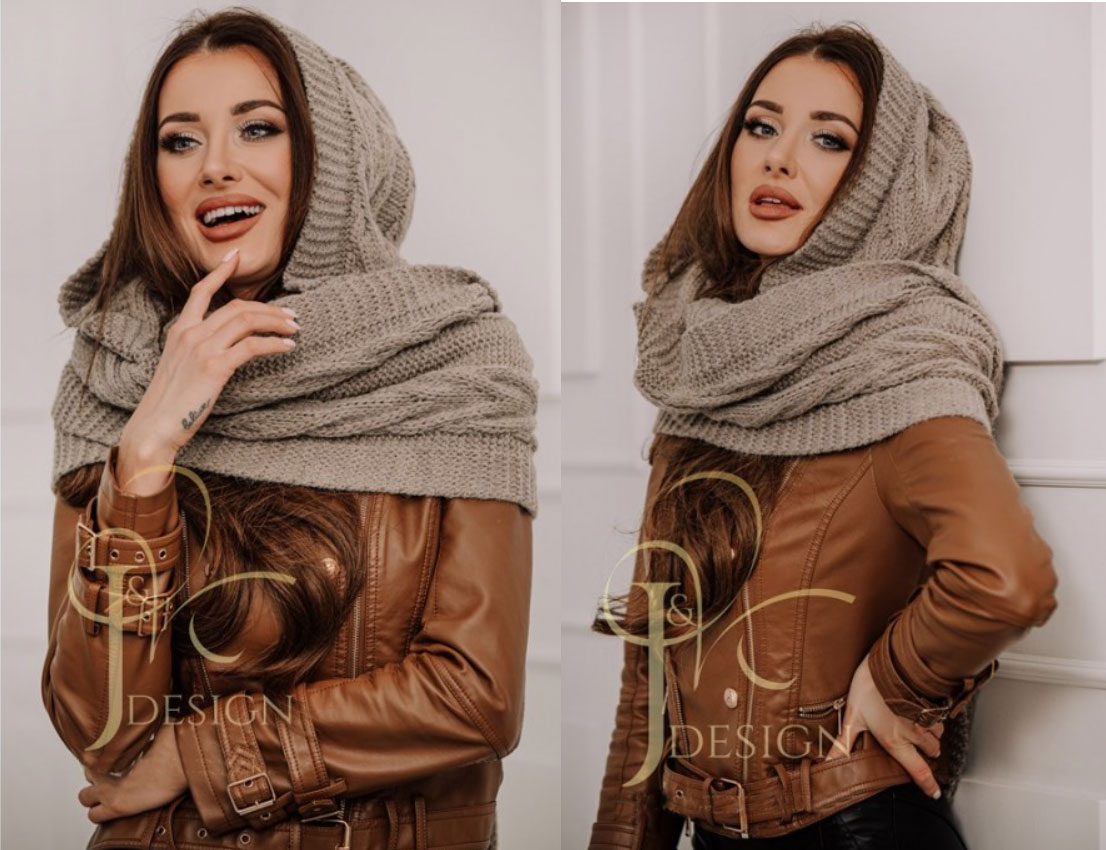 Fashionweek Pletená exkluzívna čepice ala kapuce se šálou 2v1 CLEO Farba: CAPPUCCINO, Veľkosť: Universal