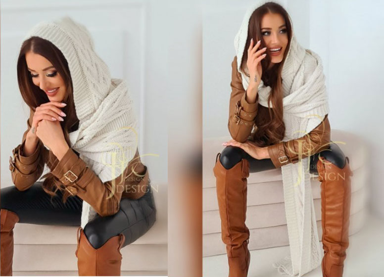 Fashionweek Pletená exkluzívna čepice ala kapuce se šálou 2v1 CLEO Farba: krémová, Veľkosť: Universal