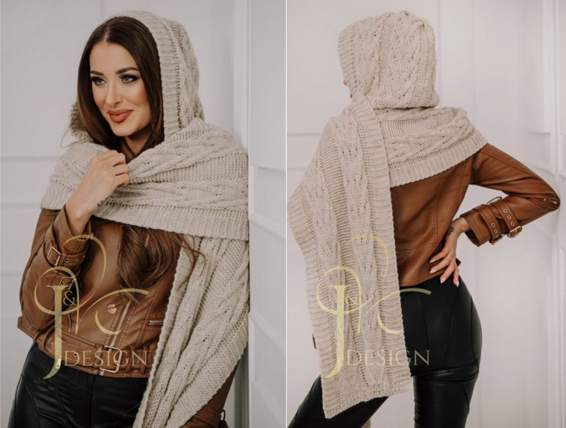 Fashionweek Pletená exkluzívna čepice ala kapuce se šálou 2v1 CLEO Farba: Béžový, Veľkosť: Universal