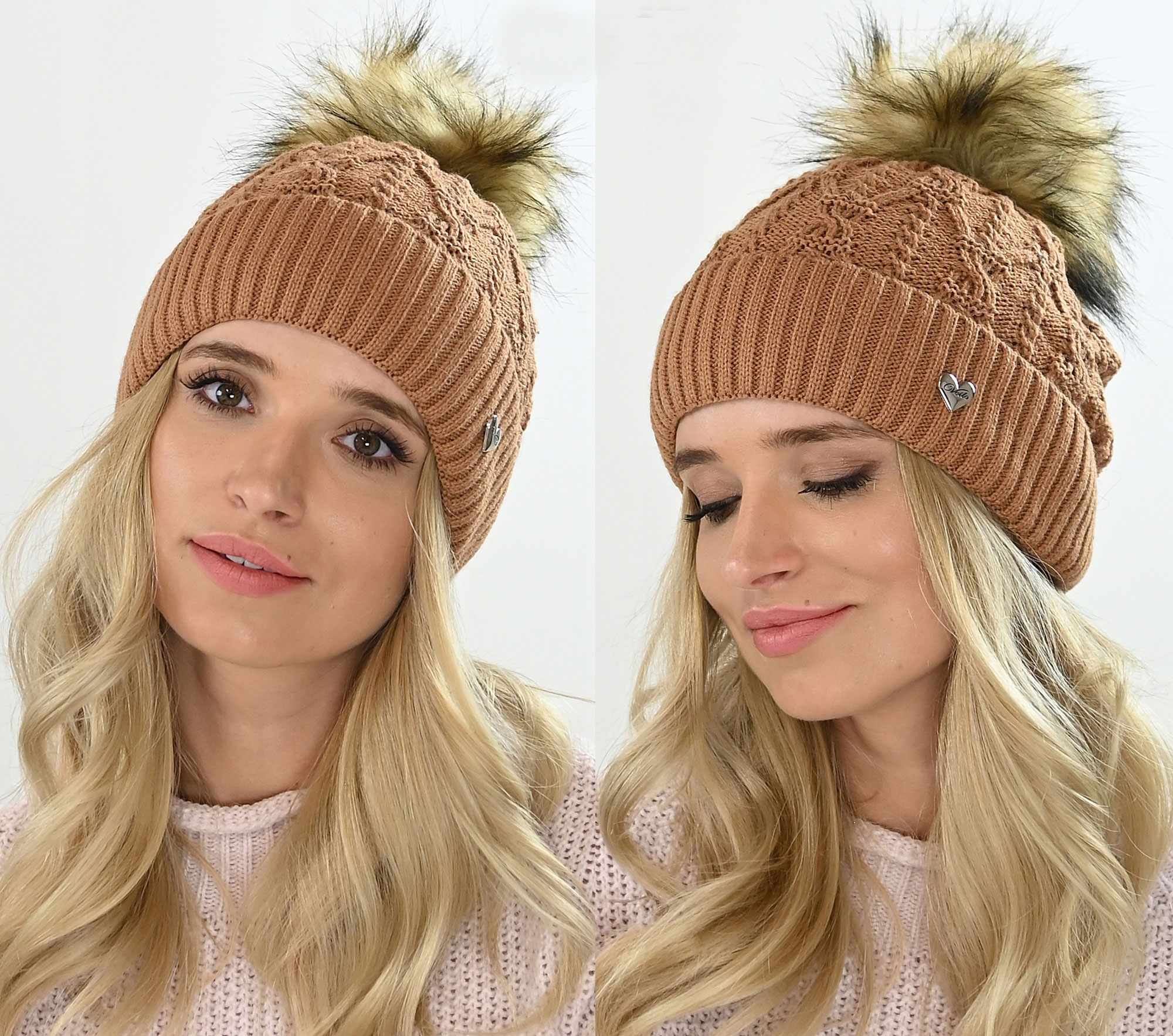 Fashionweek Dámska čiapka s kožušinovou brmbolcom a'la JENOT! + Flísová podšívka Zizi-V20 Farba: Camel, Veľkosť: Universal