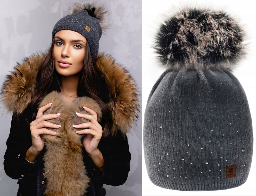 Fashionweek Dámska čiapka s kožušinovou brmbolcom JENOT +flísová podšívka  WOOL VERONA Farba: grafit, Veľkosť: Universal