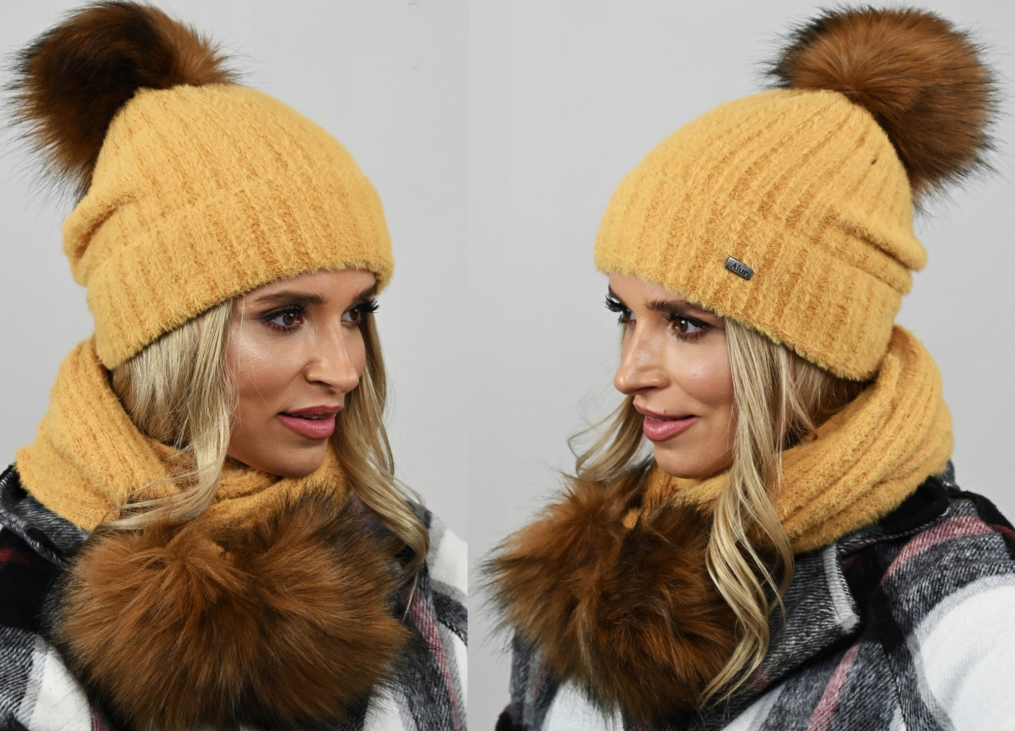 Fashionweek Exkluzívny alpakový zimný set čiapky a šál s brmbolcami JENOT ZIZI-AL4 Farba: horčicovou, Veľkosť: Universal