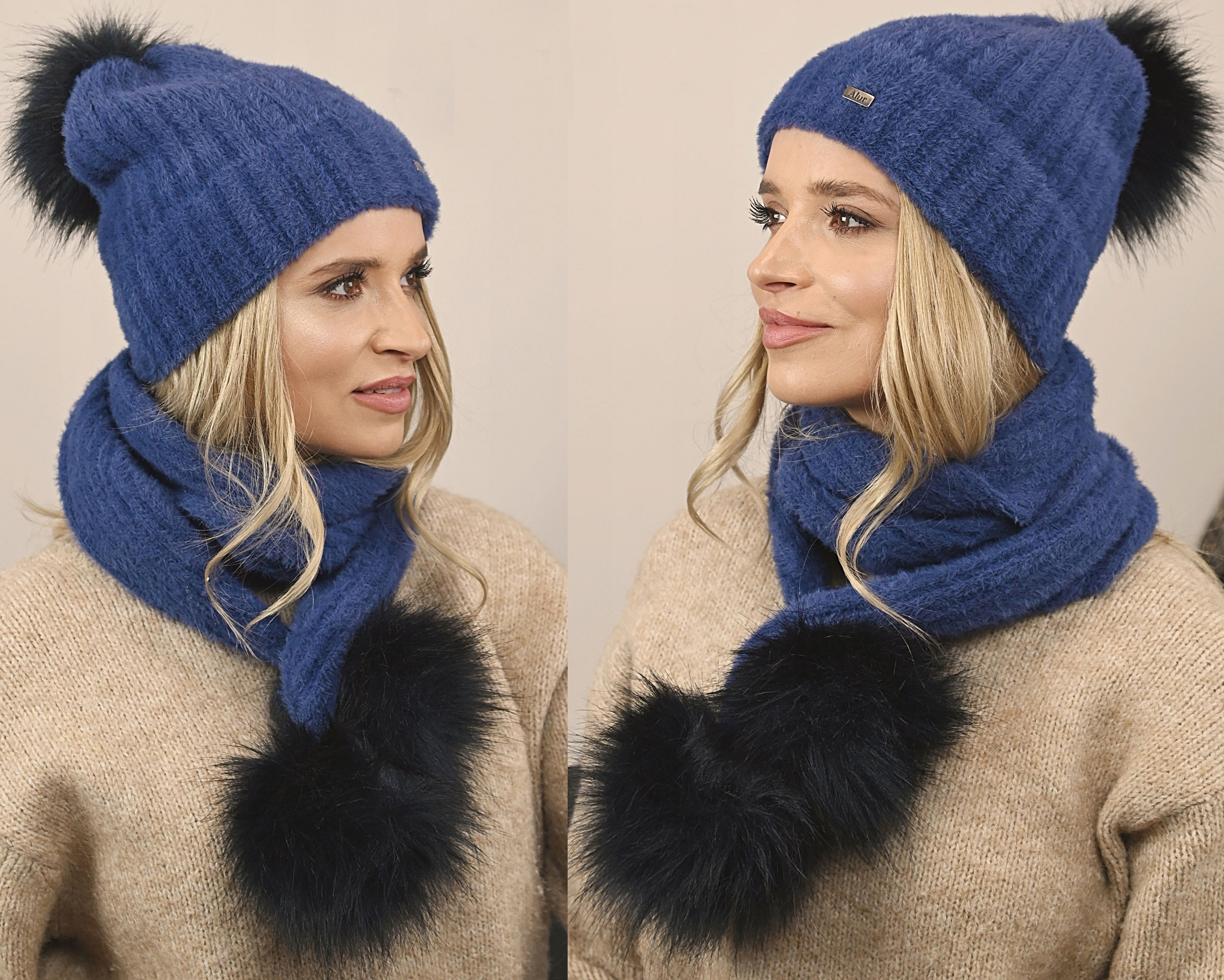Fashionweek Exkluzívny alpakový zimný set čiapky a šál s brmbolcami JENOT ZIZI-AL4 Farba: Jeans, Veľkosť: Universal
