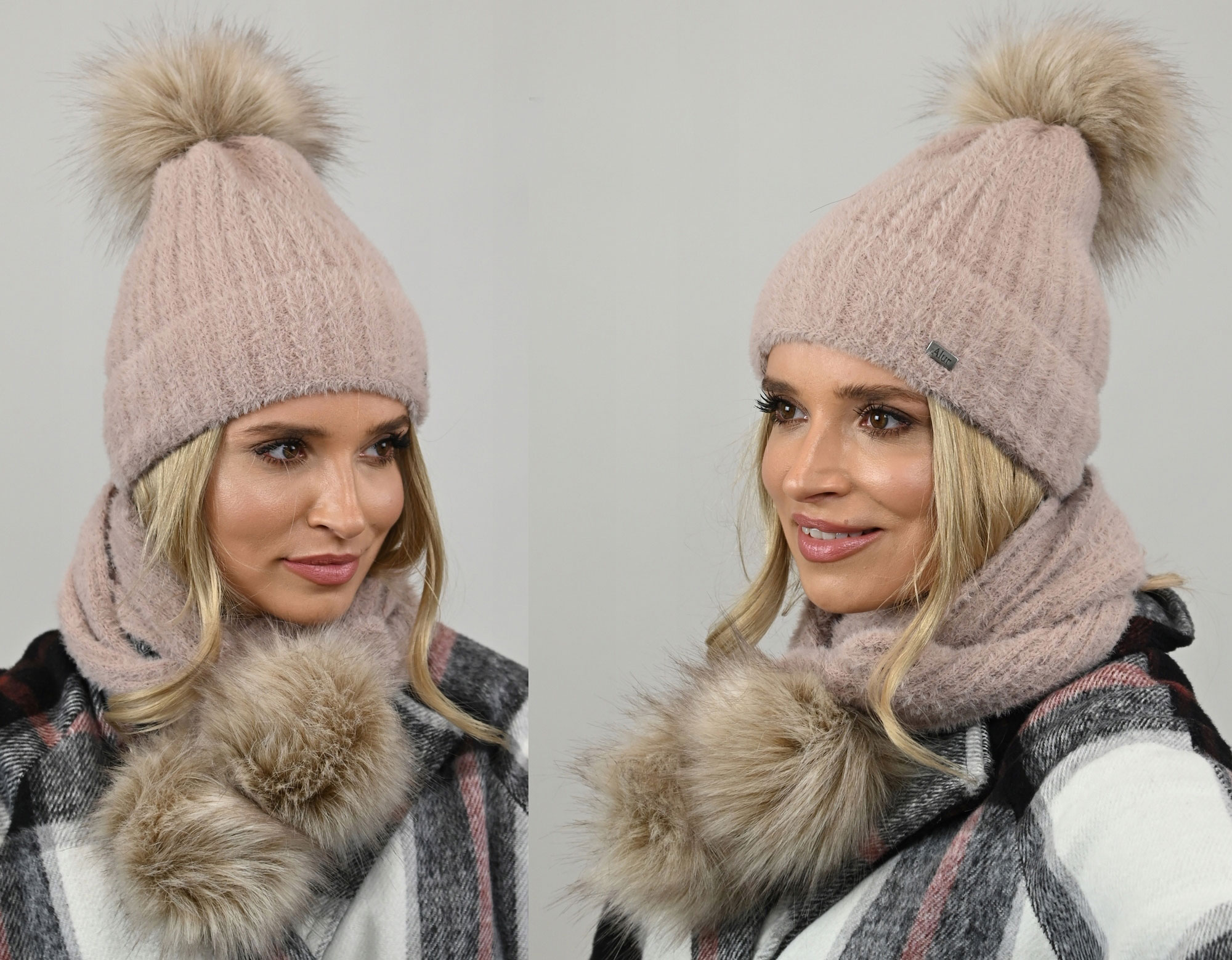 Fashionweek Exkluzívny alpakový zimný set čiapky a šál s brmbolcami JENOT ZIZI-AL4 Farba: Béžový, Veľkosť: Universal