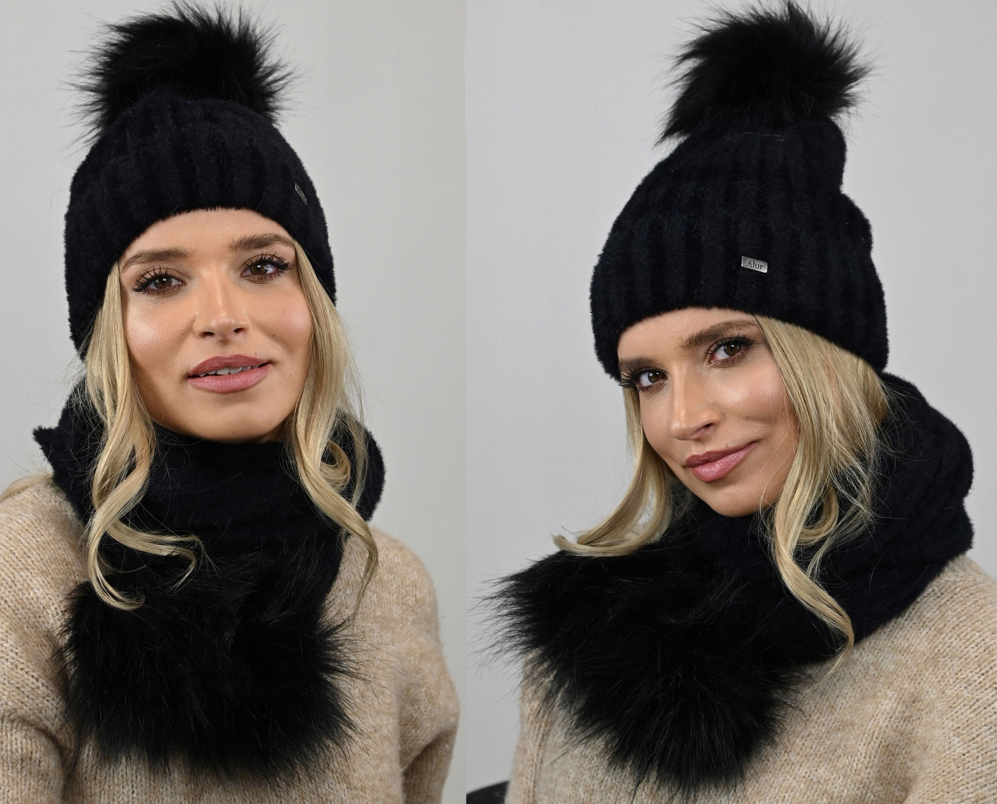 Fashionweek Exkluzívny alpakový zimný set čiapky a šál s brmbolcami JENOT ZIZI-AL4 Farba: Čierna, Veľkosť: Universal