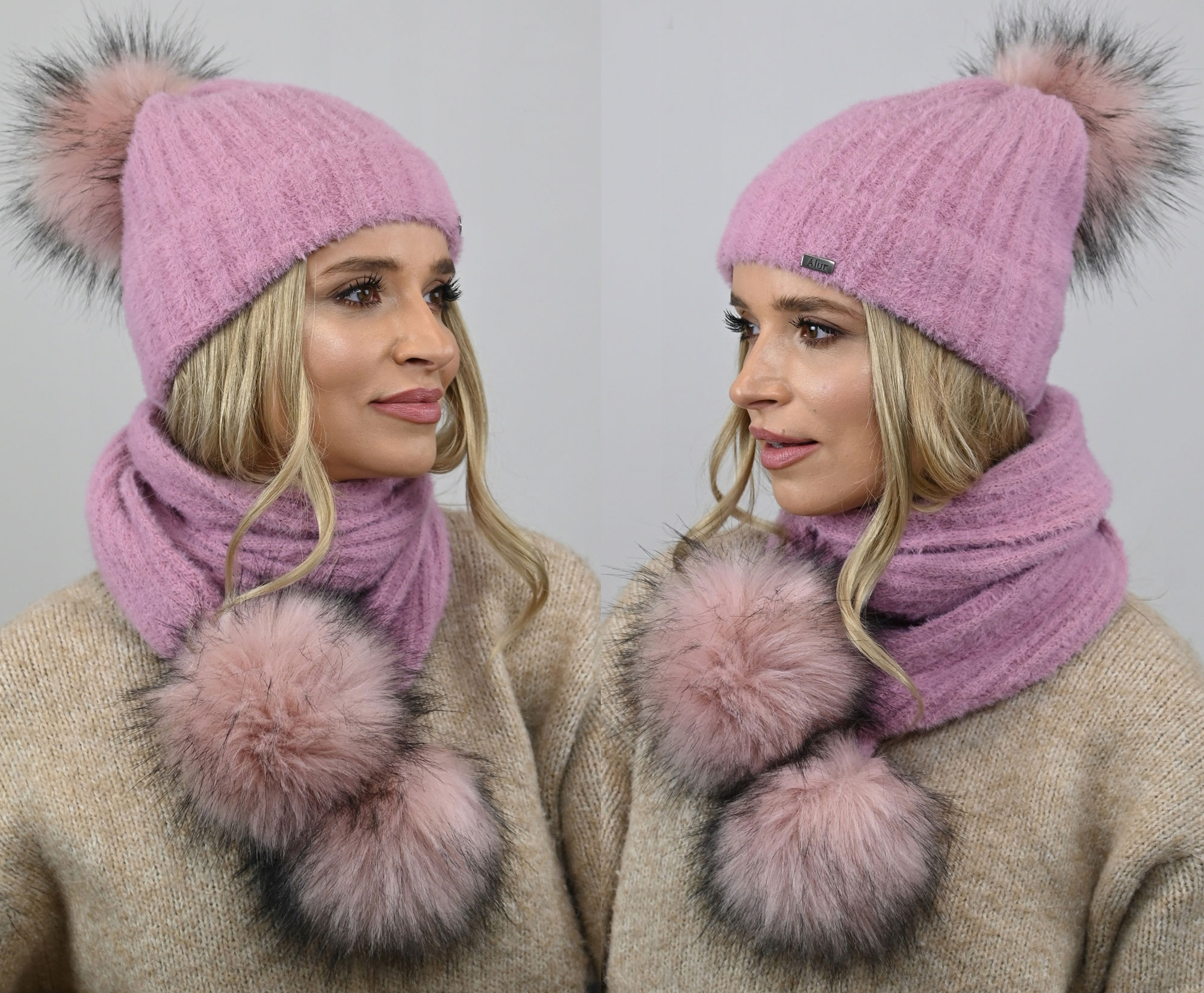Fashionweek Exkluzívny alpakový zimný set čiapky a šál s brmbolcami JENOT ZIZI-AL4 Farba: Ružový, Veľkosť: Universal