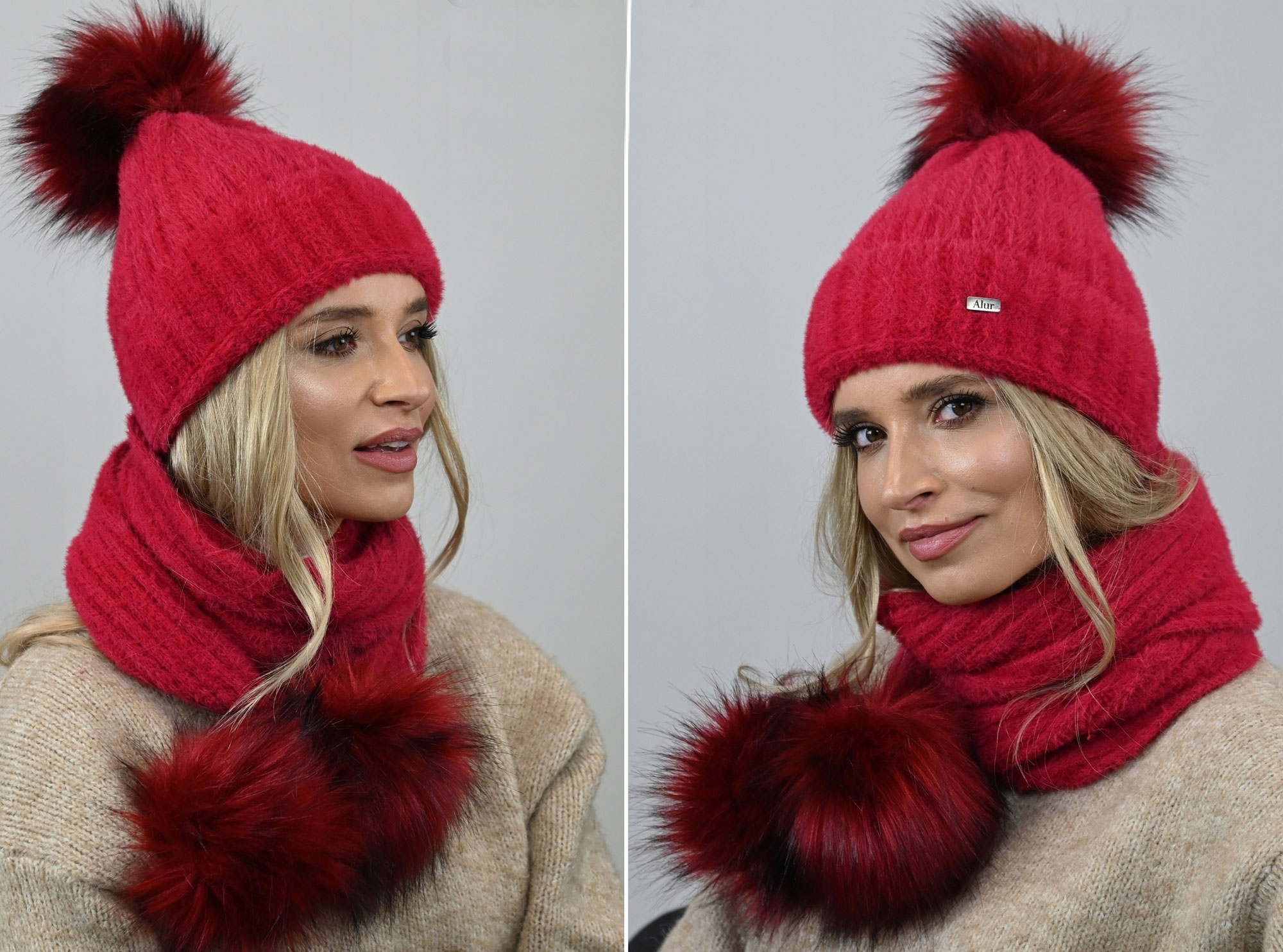 Fashionweek Exkluzívny alpakový zimný set čiapky a šál s brmbolcami JENOT ZIZI-AL4 Farba: Červená, Veľkosť: Universal