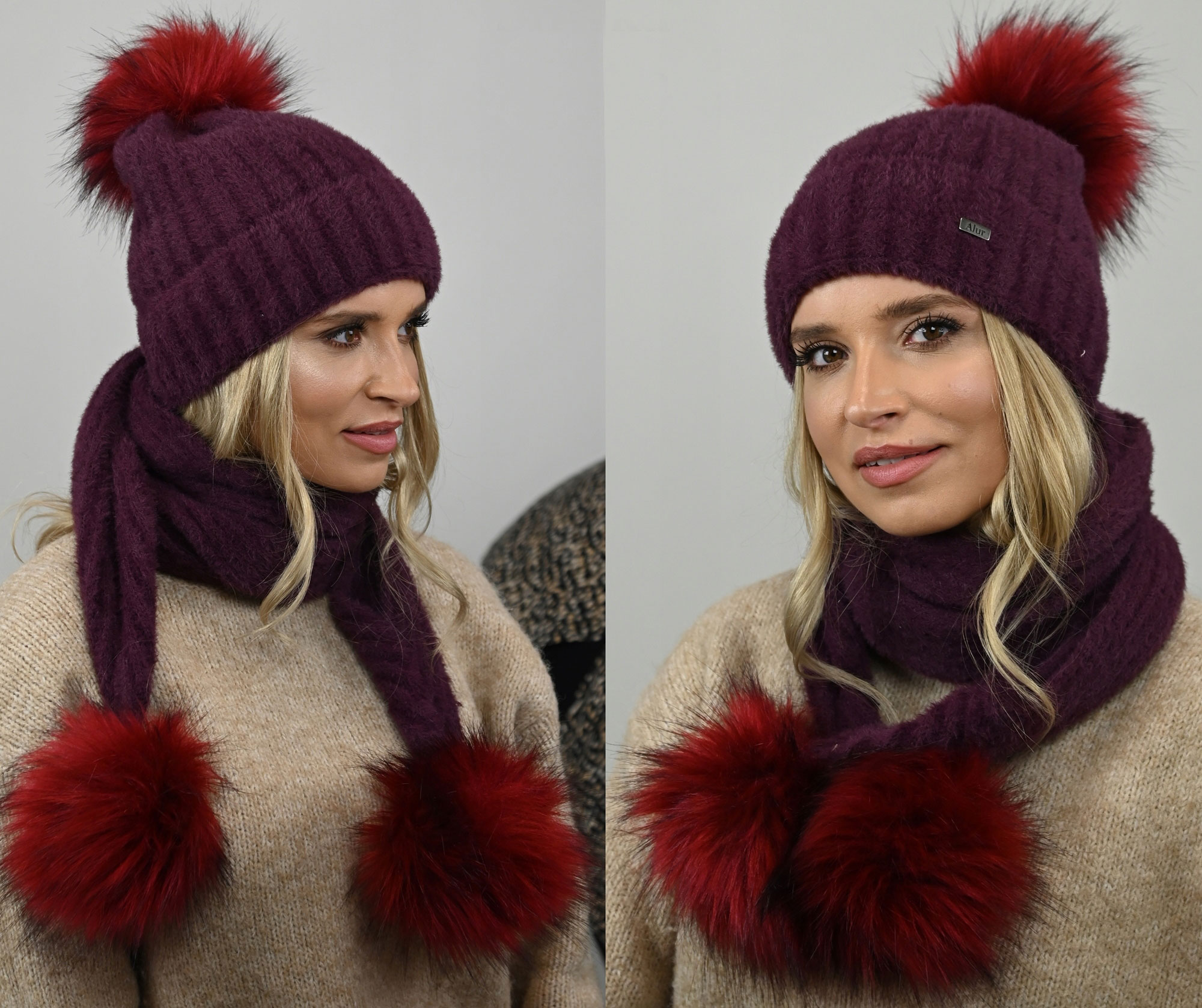 Fashionweek Exkluzívny alpakový zimný set čiapky a šál s brmbolcami JENOT ZIZI-AL4 Farba: slivková, Veľkosť: Universal
