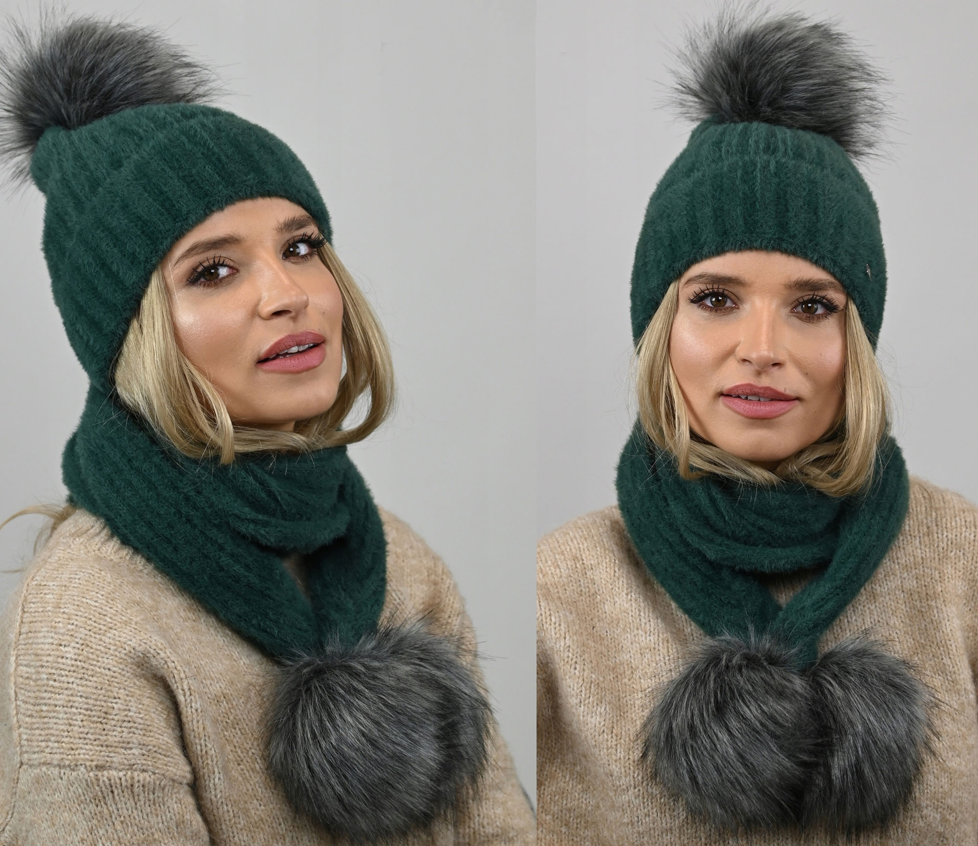 Fashionweek Exkluzívny alpakový zimný set čiapky a šál s brmbolcami JENOT ZIZI-AL4 Farba: Zelená, Veľkosť: Universal