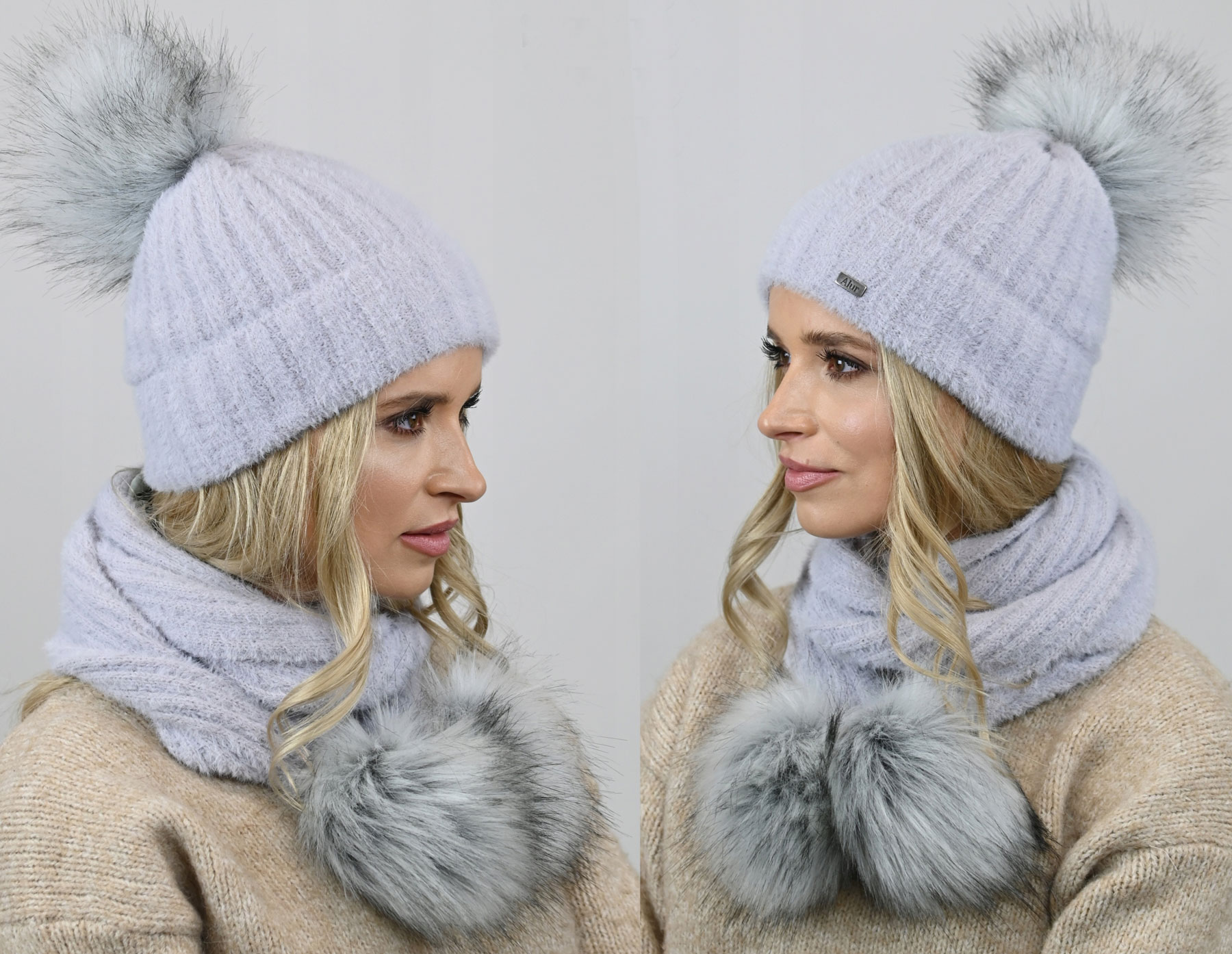 Fashionweek Exkluzívny alpakový zimný set čiapky a šál s brmbolcami JENOT ZIZI-AL4 Farba: Šedá, Veľkosť: Universal
