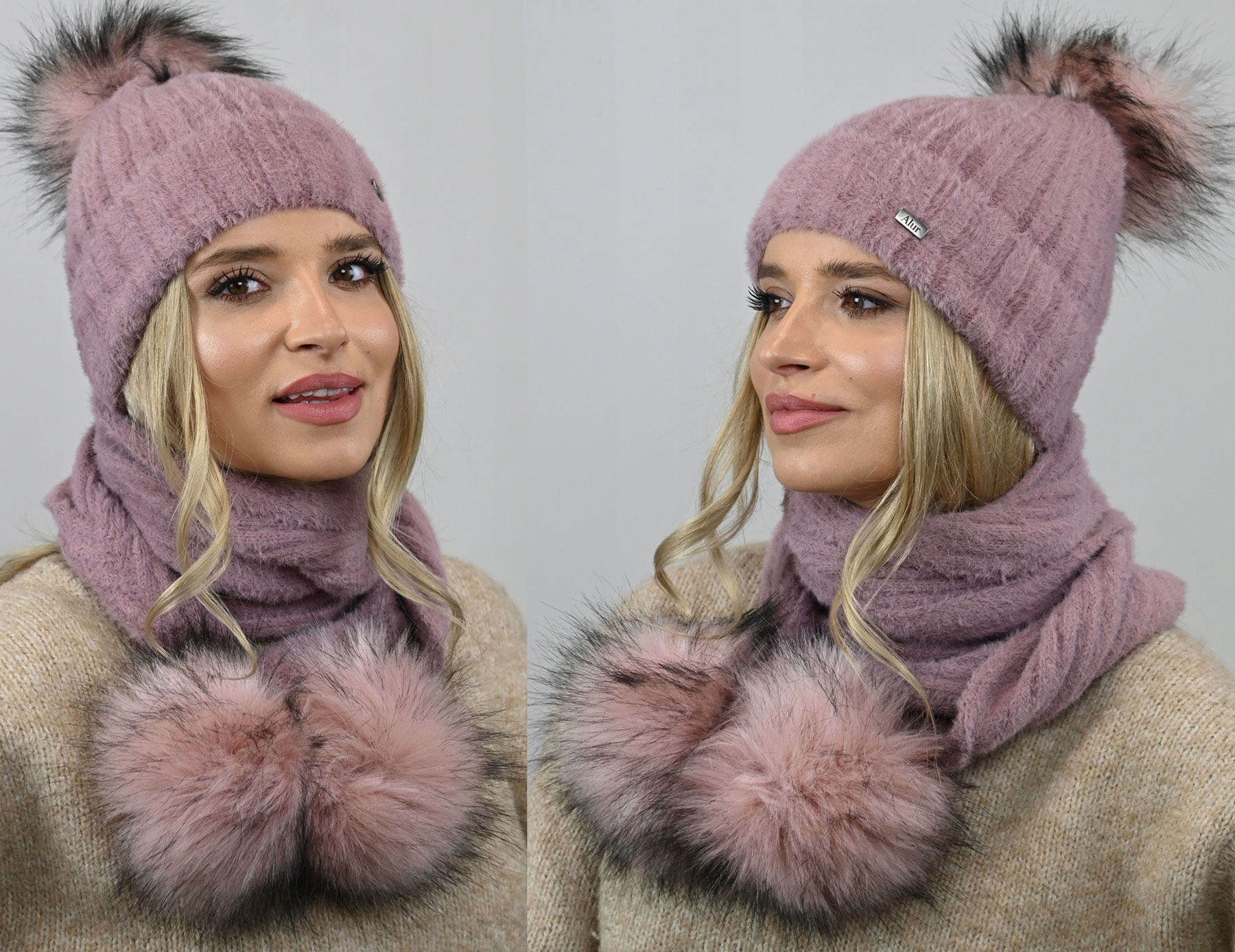 Fashionweek Exkluzívny alpakový zimný set čiapky a šál s brmbolcami JENOT ZIZI-AL4 Farba: špinavě růžová, Veľkosť: Universal