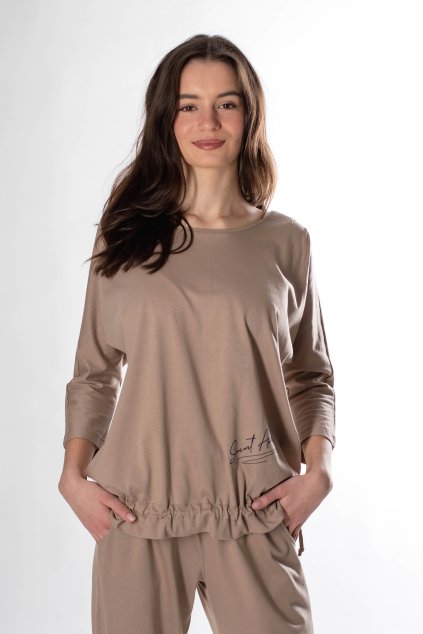 Hnede damske tricko s okrouhlym vystrihem a zavazovanim FAVAB