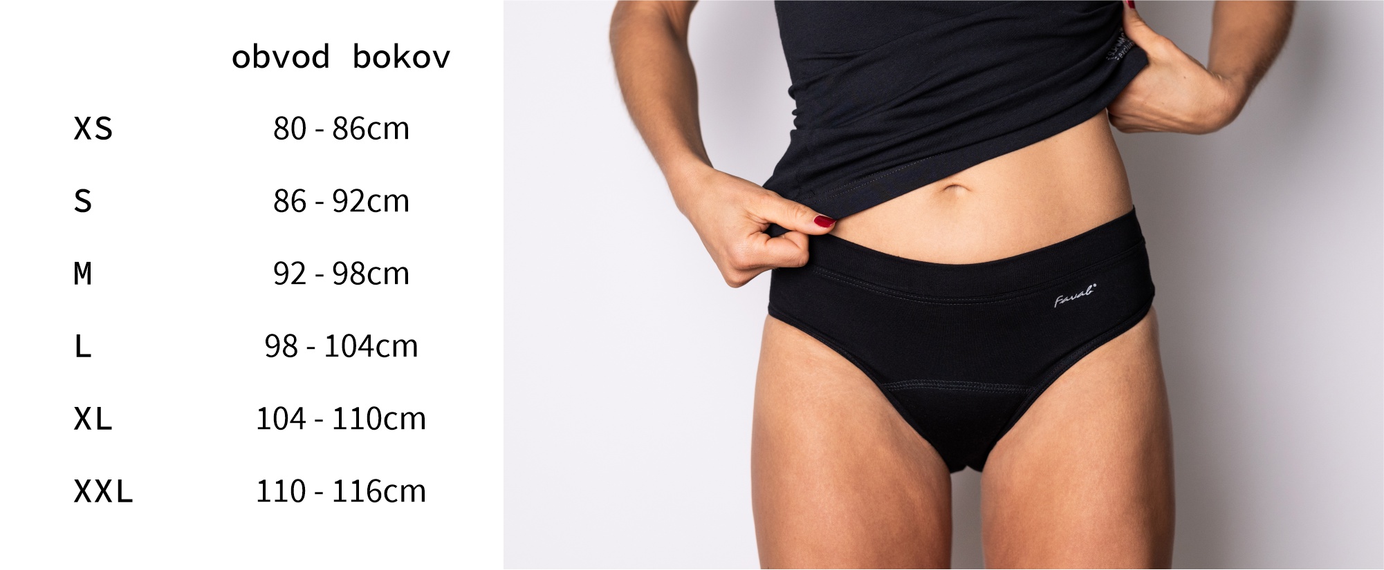Veľkostná tabuľka menštruačných nohavičiek Favab