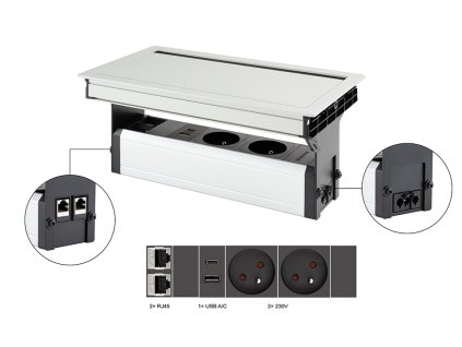 VersaFlap Mono 2.0, 2x 230V, 2x RJ45, 1x USB A/C, eloxovaný hliník