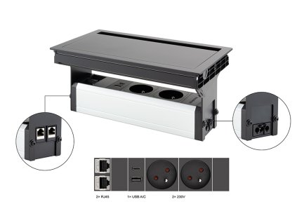 VersaFlap Mono 2.0, 2x 230V, 2x RJ45, 1x USB A/C, černá matná