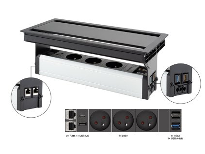 VersaFlap dual 2.0, 3x 230V, 2x RJ45, 1xHDMI, 1xUSB A/C, 1xUSB data, černá matná