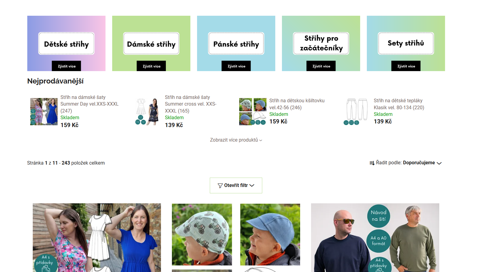 Výběr kategorií PDF střihů na e-shopu Fazonetka