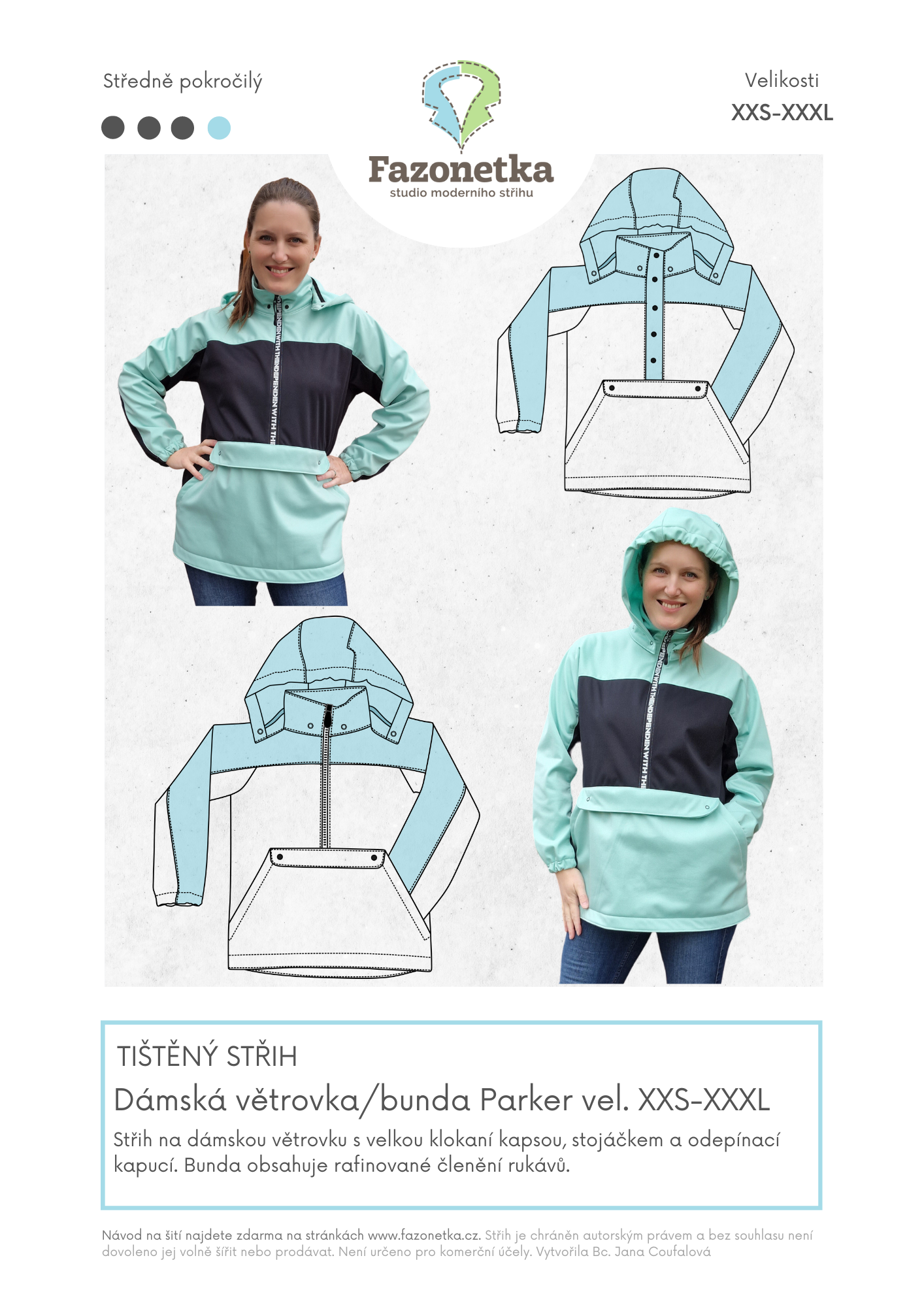 Tištěný střih na dámskou bundu/větrovku Parker vel.XXS-XXXL