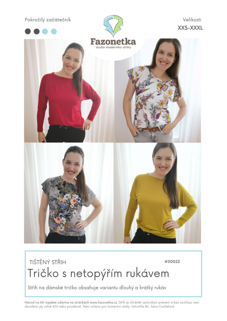 Tištěný střih na dámské tričko s netopýřími rukávy vel. XXS-XXXL