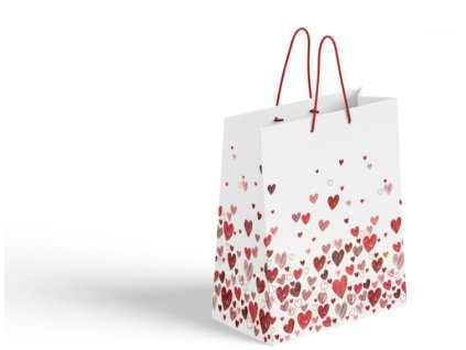 Valentýnská dárková taška 180x80x230 mm, bílá s červenými srdíčky