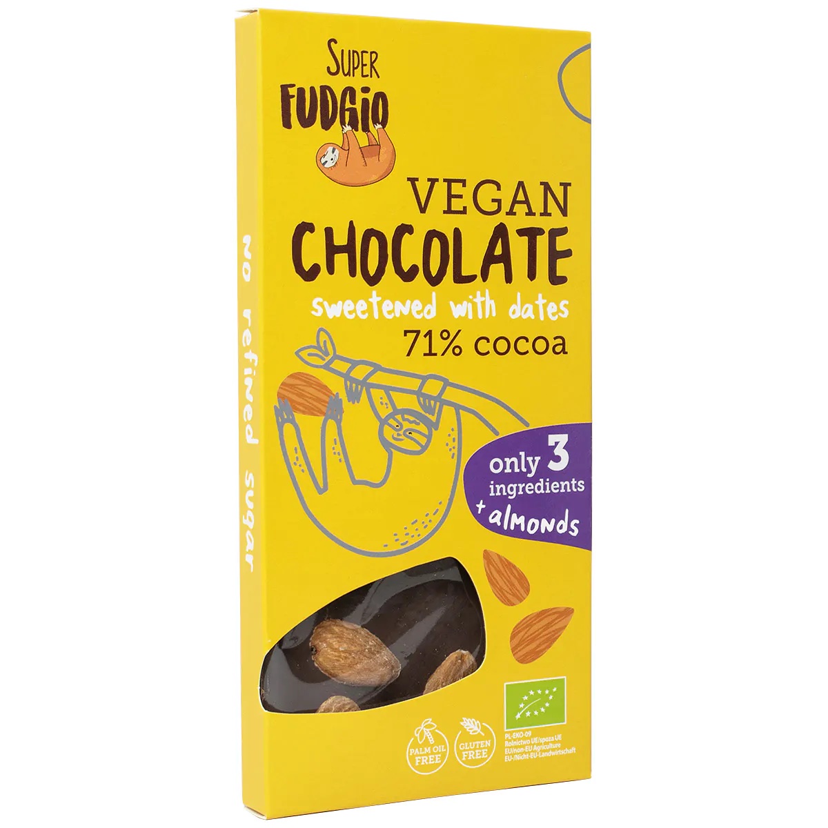 Veganská čokoláda slazená datlemi s mandlemi, bio – Super Fudgio, 100 g