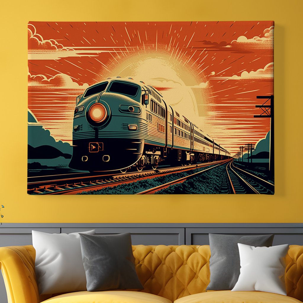 obraz na platne retro futuristicky vlak zapad slunce 2