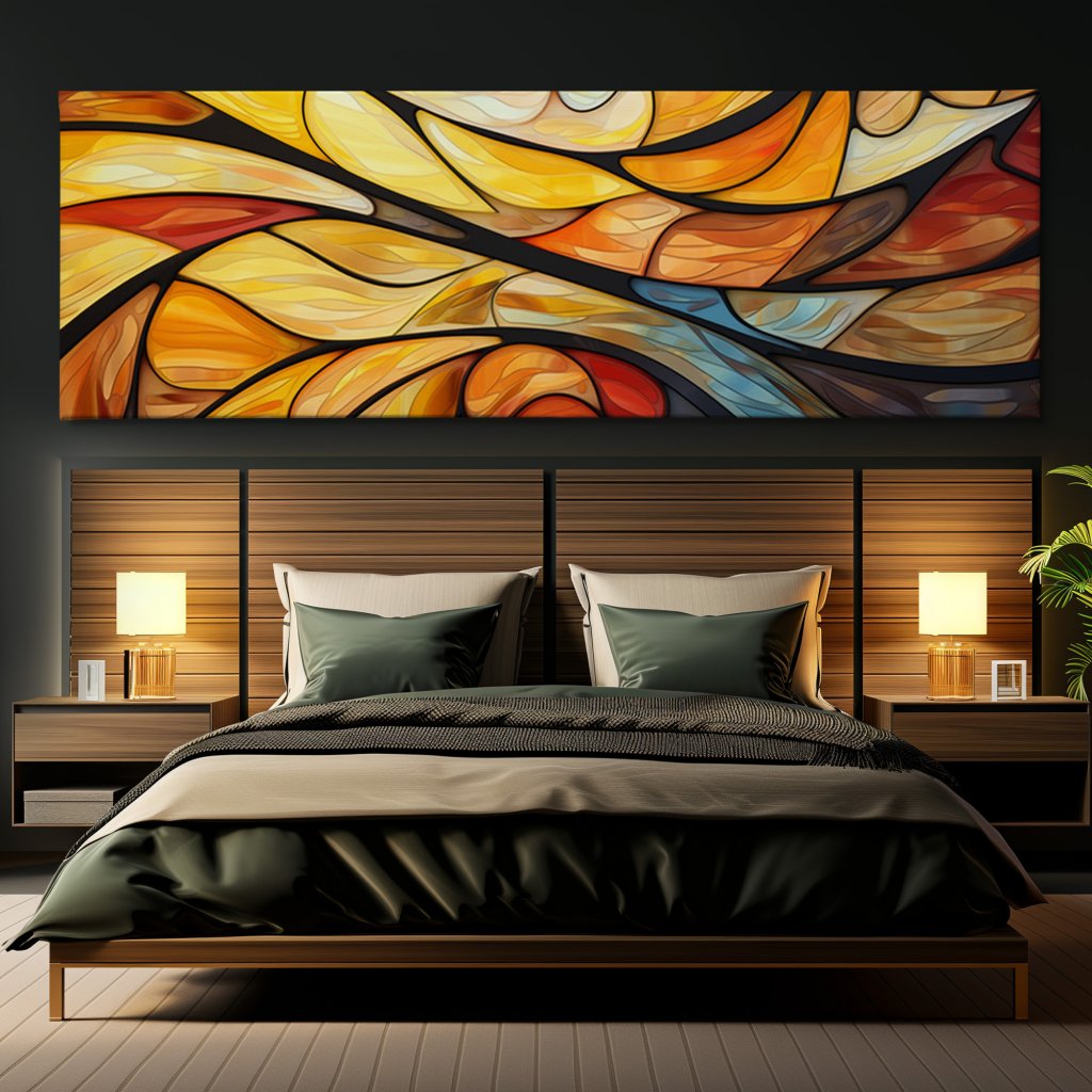 Mozaika podzimního vibrato Obraz na plátně černá zeď, postel, hranaté lampy