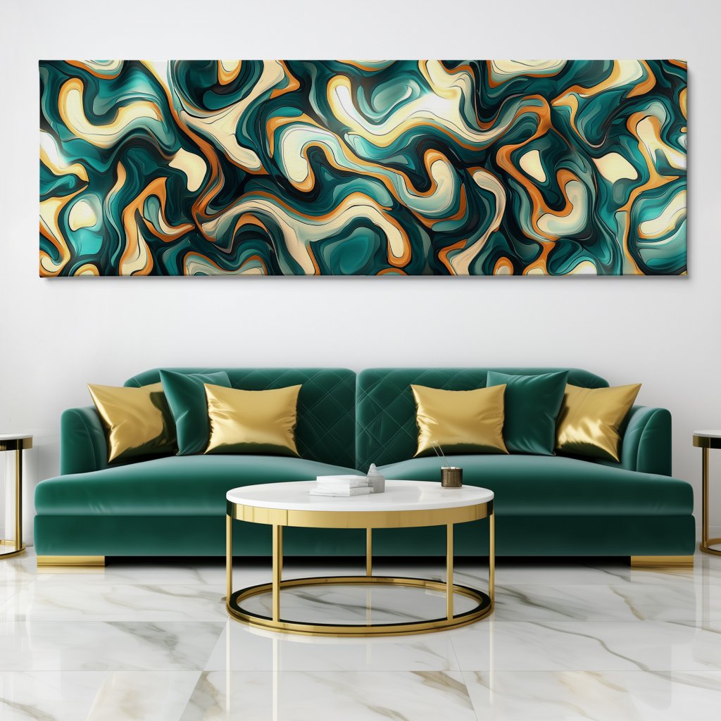 Emeraldové proudy Obraz na plátně zelený luxusní gauč, bílá zeď