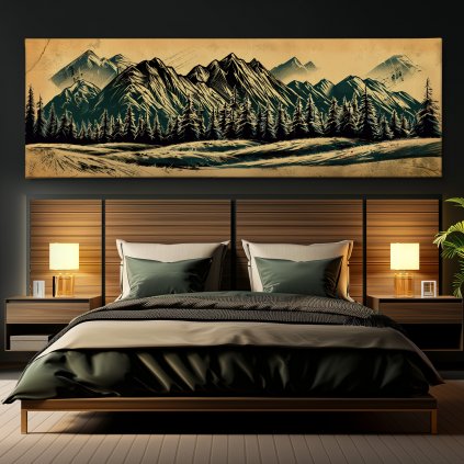 Smrkové lesy s horami vintage Obraz na plátně černá zeď, postel, hranaté lampy