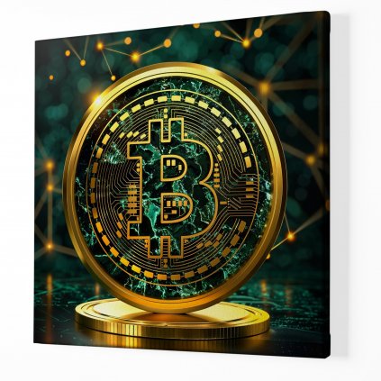 Bitcoin, zářící zlatý emerald ,Obraz na plátně perspektiva