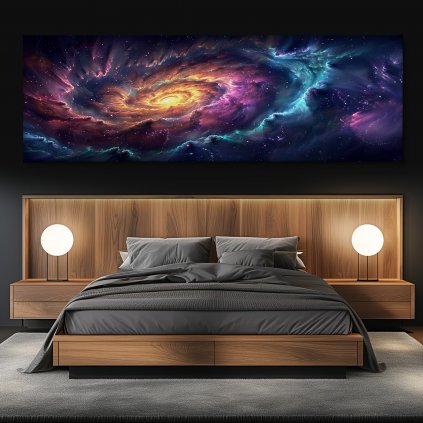 Galaxie Risierre Obraz na plátně černá zeď, postel, kulaté lampy