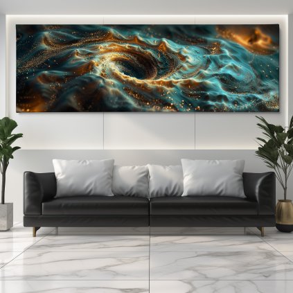 Galaxie Aureus Obraz na plátně černý gauč, bílá zeď se světelným rámem