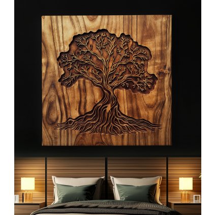 Strom života Zenith, dřevo styl obraz na plátně postel s hranatými lampičkami, noc