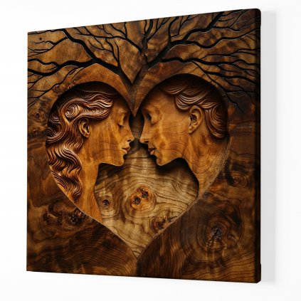 Zamilovaný pár v srdci se stromem, dřevo styl ,Obraz na plátně perspektiva