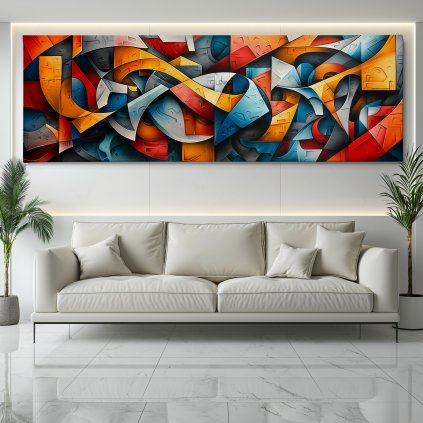 Kubistické Intermezzo Obraz na plátně bílý gauč, bílá zeď se světelným rámem