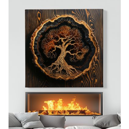 Strom života Zlatý dotek, dřevo styl obraz na plátně bílý krb