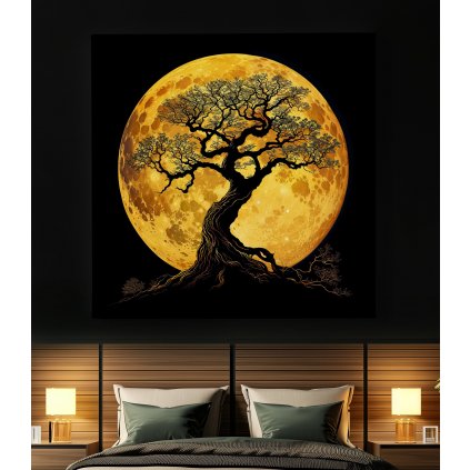 Strom života Měsíc v úplňku obraz na plátně postel s hranatými lampičkami, noc