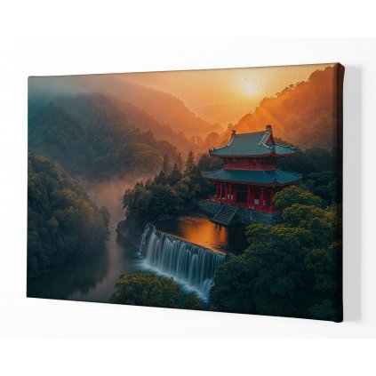 Japonský chrám s vodopády a západem slunce ,perspektiva