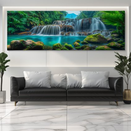 Vodopády s mechovými kameny v džungli Obraz na plátně černý gauč, bílá zeď se světelným rámem