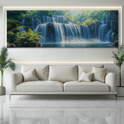 Masivní vodopády skryté v lese Obraz na plátně bílý gauč, bílá zeď se světelným rámem