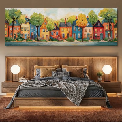 Obraz na plátně hnědá ložnice, postel, kulaté lampy