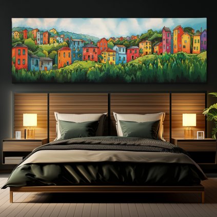 Vesnička Los Pecaros v kopcích Obraz na plátně černá zeď, postel, hranaté lampy
