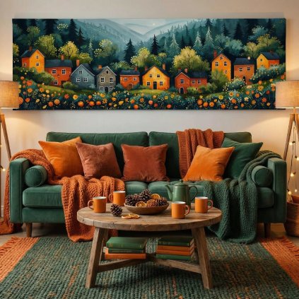 Kouzelná vesnička Foriste Obraz na plátně zelený, gauč, lampy
