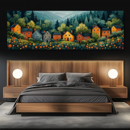 Kouzelná vesnička Foriste Obraz na plátně černá zeď, postel, kulaté lampy