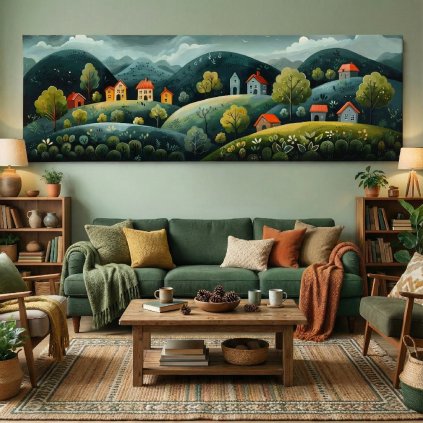 Kopečky s vesničkou Viarel Obraz na plátně zelený gauč