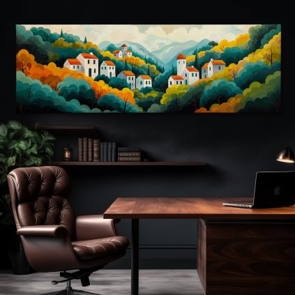 Lesní údolí s vískou Alambra Obraz na plátně kancelář, tmavá zeď