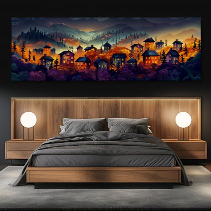 Vesnice Oranjes v noci Obraz na plátně černá zeď, postel, kulaté lampy