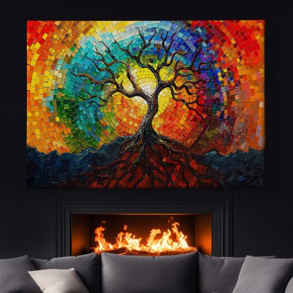 Strom života Sluneční mozaika černá zeď s krbem