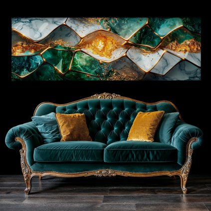 Zlatý dotek ve Smaragdu Obraz na plátně zelený luxusní gauč, černá zeď